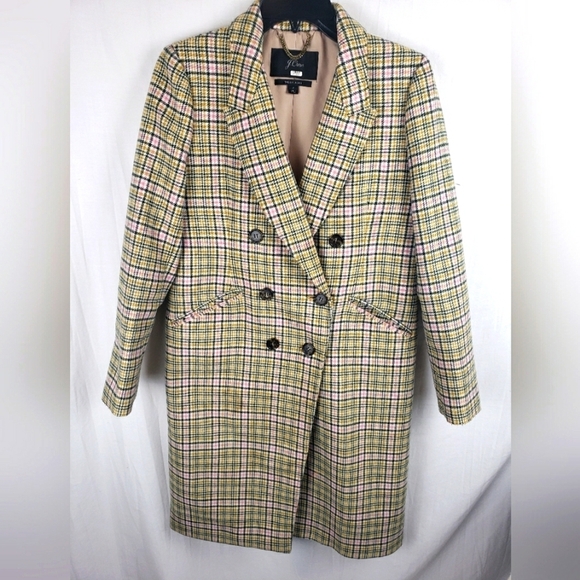 J.Crew Italian Wool Womens Green/Ivory Plaid Button Down Midi Length Coat Sz 2 - Picture 1 of 15